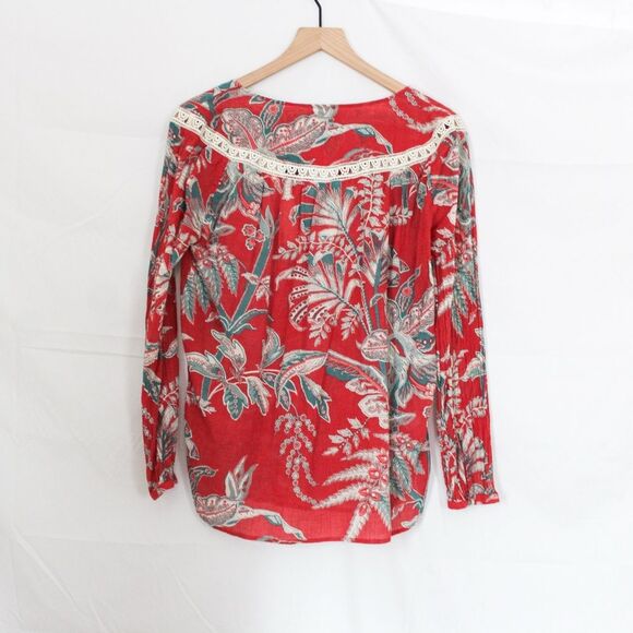Loft Floral Long Sleeve Blouse with Lace Accents - Small, Red and Teal - Picture 3 of 8